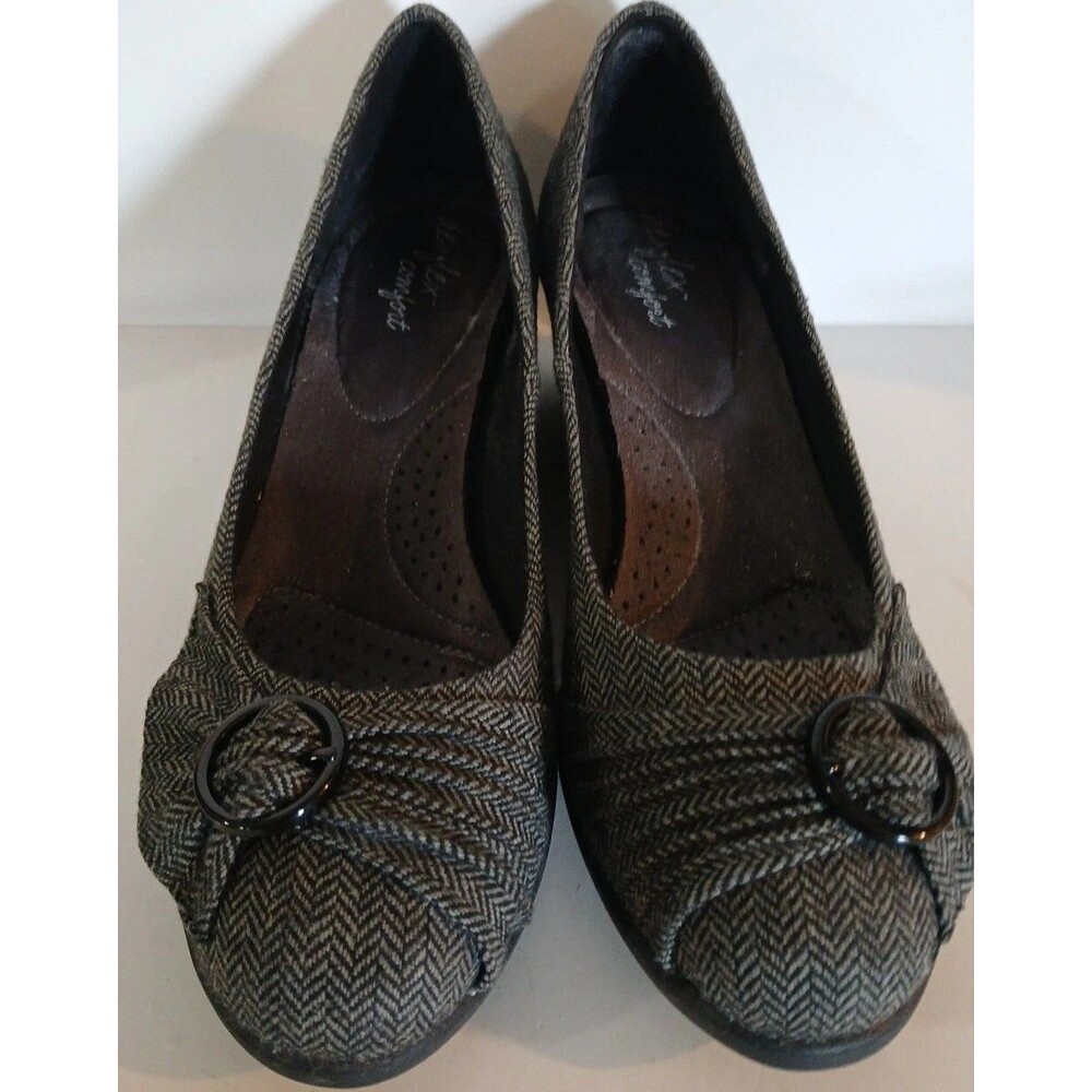 DexFlex Sport Comfort Wedge Gray-Black Plaid Round Buckle Knot  Design  Size-9